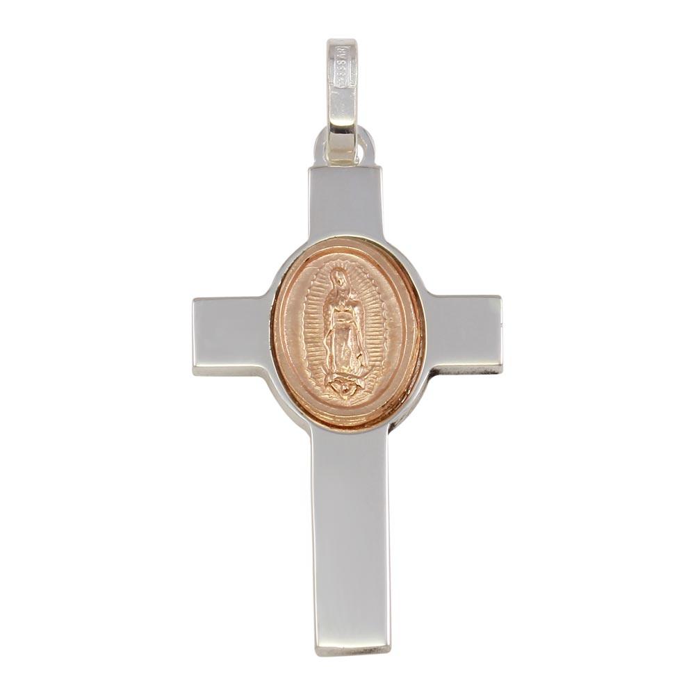 Silver 925 Rhodium Plated Cross Pendant with Rose Gold Plated Medallion - ARP00038RGP | Silver Palace Inc.