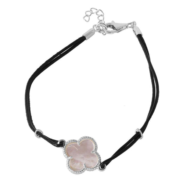 Silver 925 Mother of Pearl Clover on Leather Strap Bracelet - BGB00154 | Silver Palace Inc.
