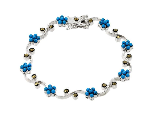 Silver 925 Rhodium Plated Six Point Blue Flower Stone CZ Stems Bracelet - BGB00198 | Silver Palace Inc.