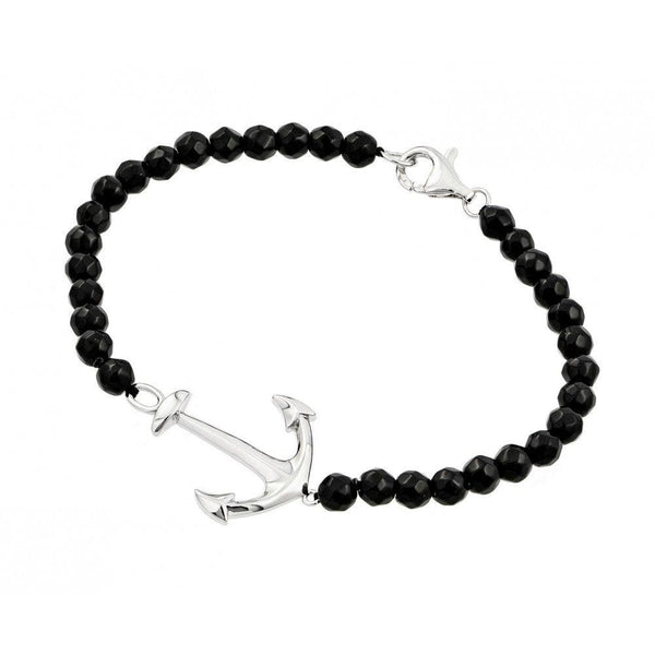 Silver 925 Rhodium Plated Black Bead Anchor Bracelet - BGB00213 | Silver Palace Inc.