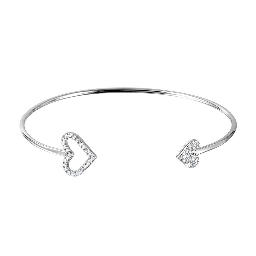 Silver 925 Rhodium Plated CZ Open and Closed Heart Cuff Bracelet
