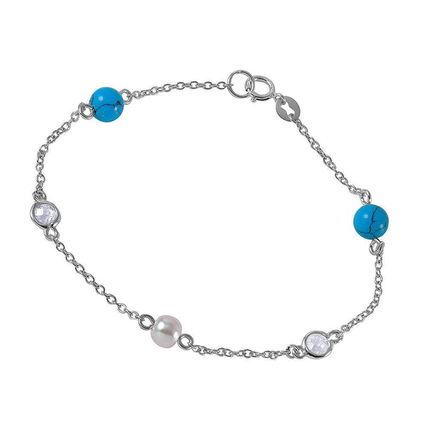 Silver 925 Link Bracelet with Turquoise Beads, Synthetic Pearl and CZ - BGB00259 | Silver Palace Inc.