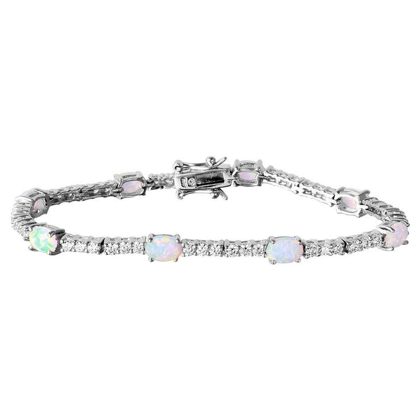 Silver 925 Rhodium Plated Oval Opal and Round CZ Tennis Bracelet - BGB00264 | Silver Palace Inc.