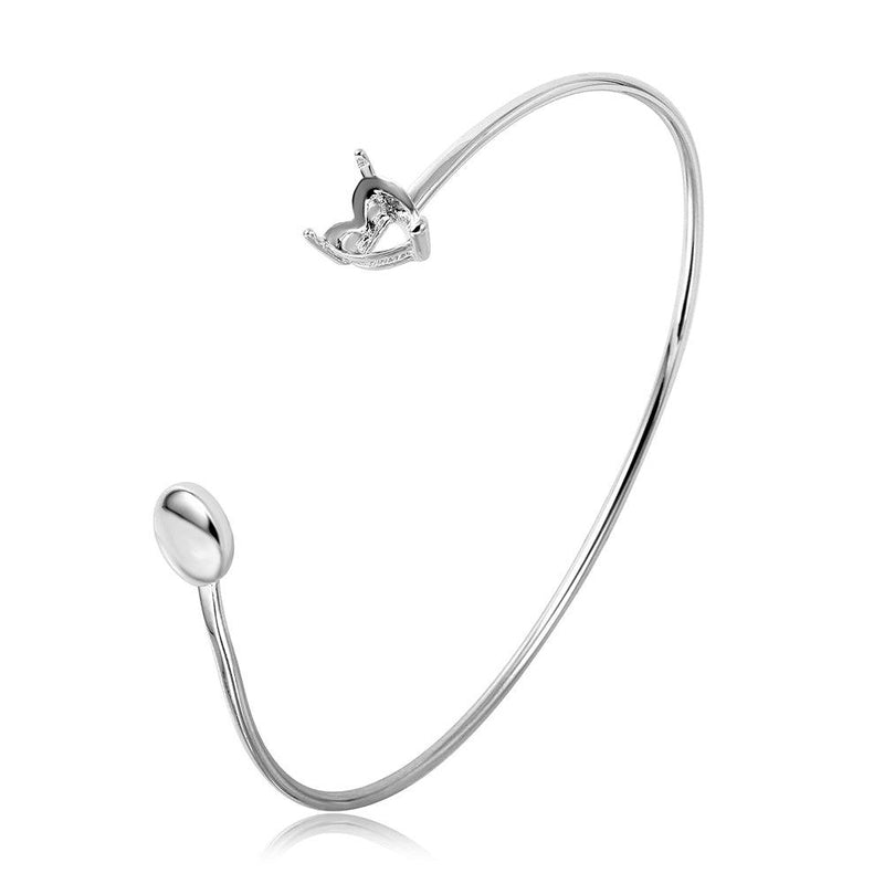 Silver 925 Rhodium Plated Personalized Heart and Disc Ended Bangle Mounting Bracelet - BGB00268 | Silver Palace Inc.