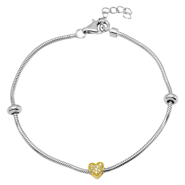 Silver 925 Rhodium Plated Snake Bracelet with Gold Plated CZ Heart Charm - BGB00289 | Silver Palace Inc.