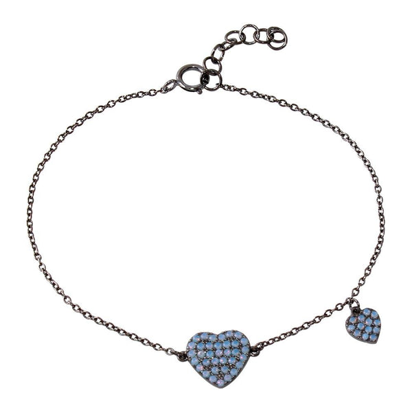 Silver 925 Black Rhodium Plated Big Heart with Opal and Dangling Small Heart with Opal Lariat Bracelet - BGB00294 | Silver Palace Inc.