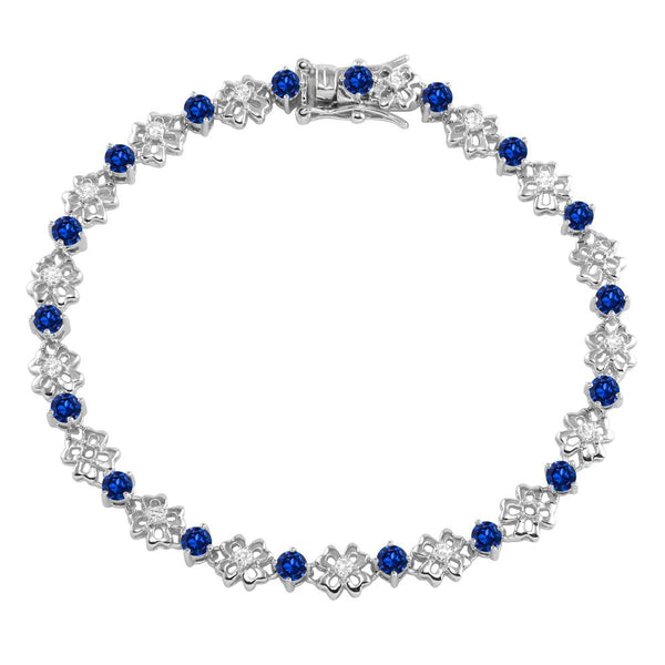Silver 925 Rhodium Plated Flower Link  Bracelet with Clear and Blue CZ - BGB00304BLU | Silver Palace Inc.