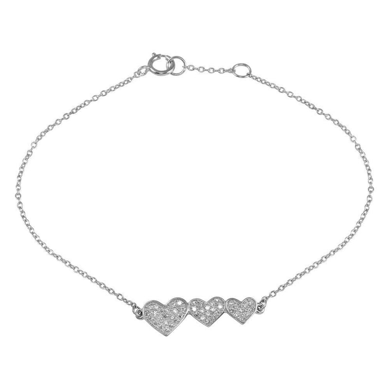 Silver 925 Rhodium Plated Double 3 CZ Hearts Chain Bracelet - BGB00306 | Silver Palace Inc.