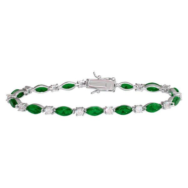 Silver 925 Rhodium Plated Alternating Green Oval CZ and Clear Round CZ Tennis Bracelet - BGB00326GRN | Silver Palace Inc.