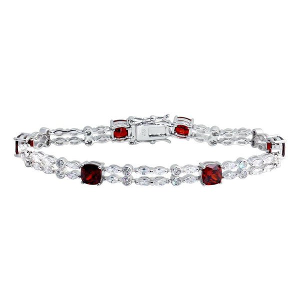 Silver 925 Rhodium Plated 2 Row Clear and Red CZ Tennis Bracelet - BGB00332RED | Silver Palace Inc.