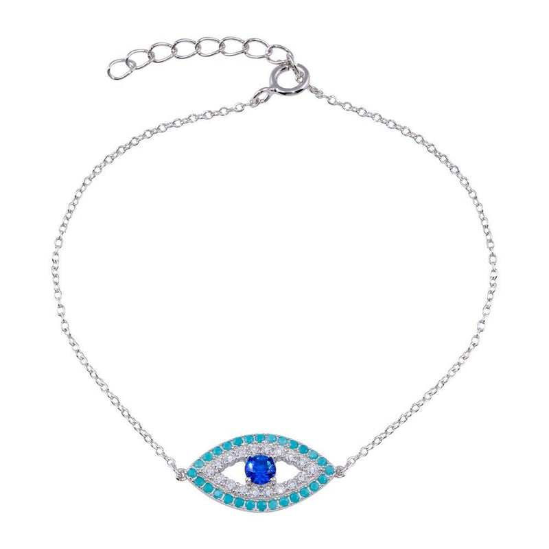 Rhodium Plated 925 Sterling Silver CZ and Turquoise Evil Eye Bracelet - BGB00356 | Silver Palace Inc.