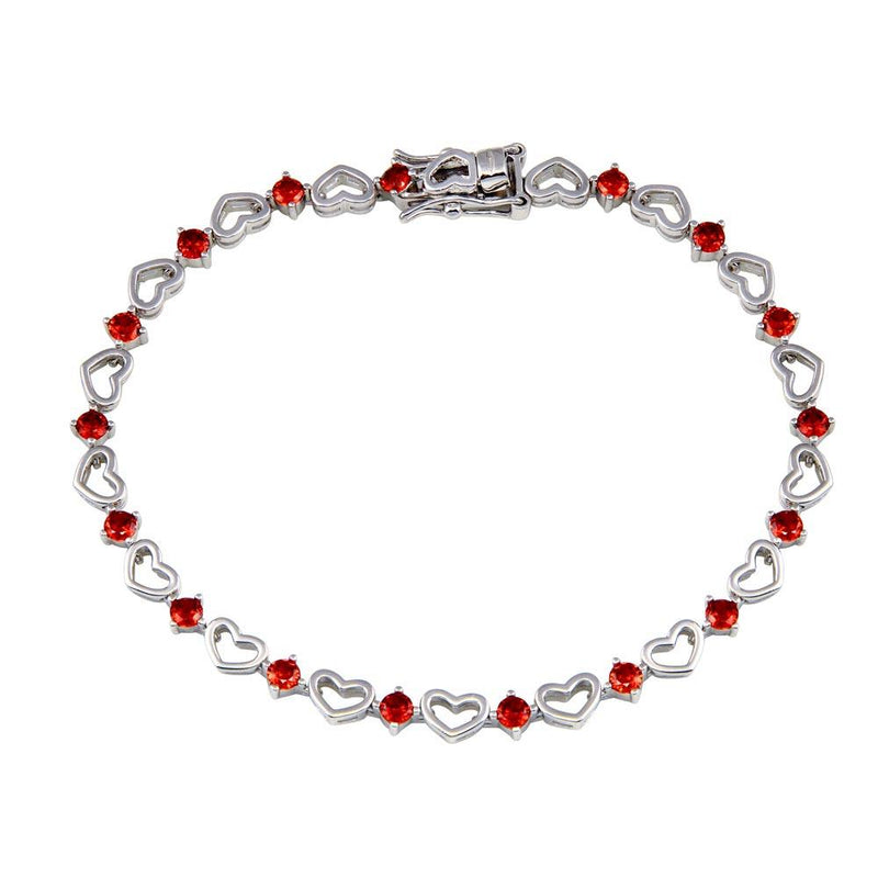 Rhodium Plated 925 Sterling Silver Red CZ Heart Link Bracelet - BGB00379 | Silver Palace Inc.