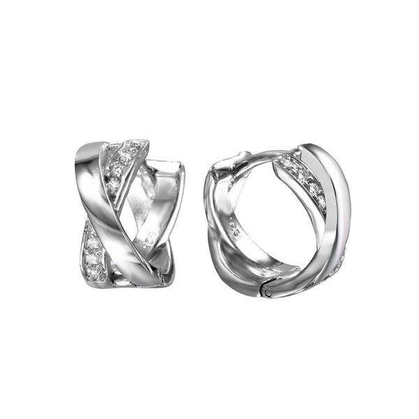 Silver 925 Rhodium Plated X huggie hoop Earrings with Cubic Zirconia Stones - BGE00467 | Silver Palace Inc.