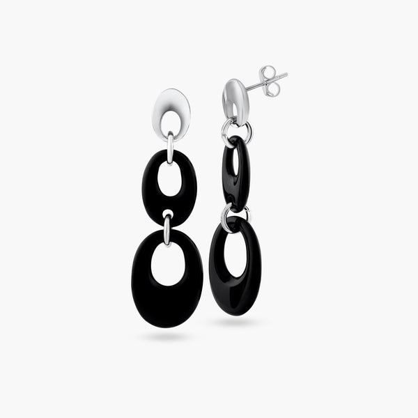 Silver 925 Rhodium Plated Black Open Oval Onyx Stud Dangling
