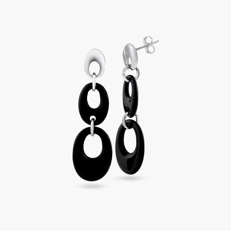 Closeout-Silver 925 Rhodium Plated Black Open Oval Onyx Stud Dangling Earrings - BGE00113 | Silver Palace Inc.