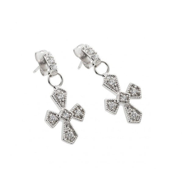 Silver Rhodium 925 Plated Cross Clear CZ Inlay Dangling Stud Earrings - BGE00201 | Silver Palace Inc.