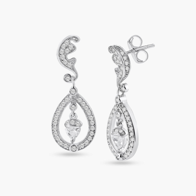 Silver 925 Rhodium Plated Teardrop Filigree CZ Dangling Stud Earrings - BGE00216 | Silver Palace Inc.