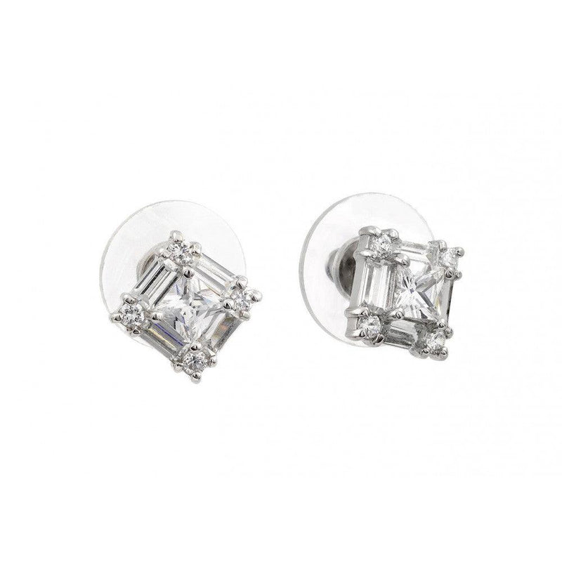 Silver 925 Rhodium Plated Square CZ Stud Earrings - BGE00221 | Silver Palace Inc.
