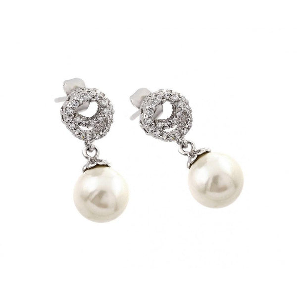 Silver 925 Rhodium Plated CZ Dangling Pearl Stud Earrings - BGE00244 | Silver Palace Inc.