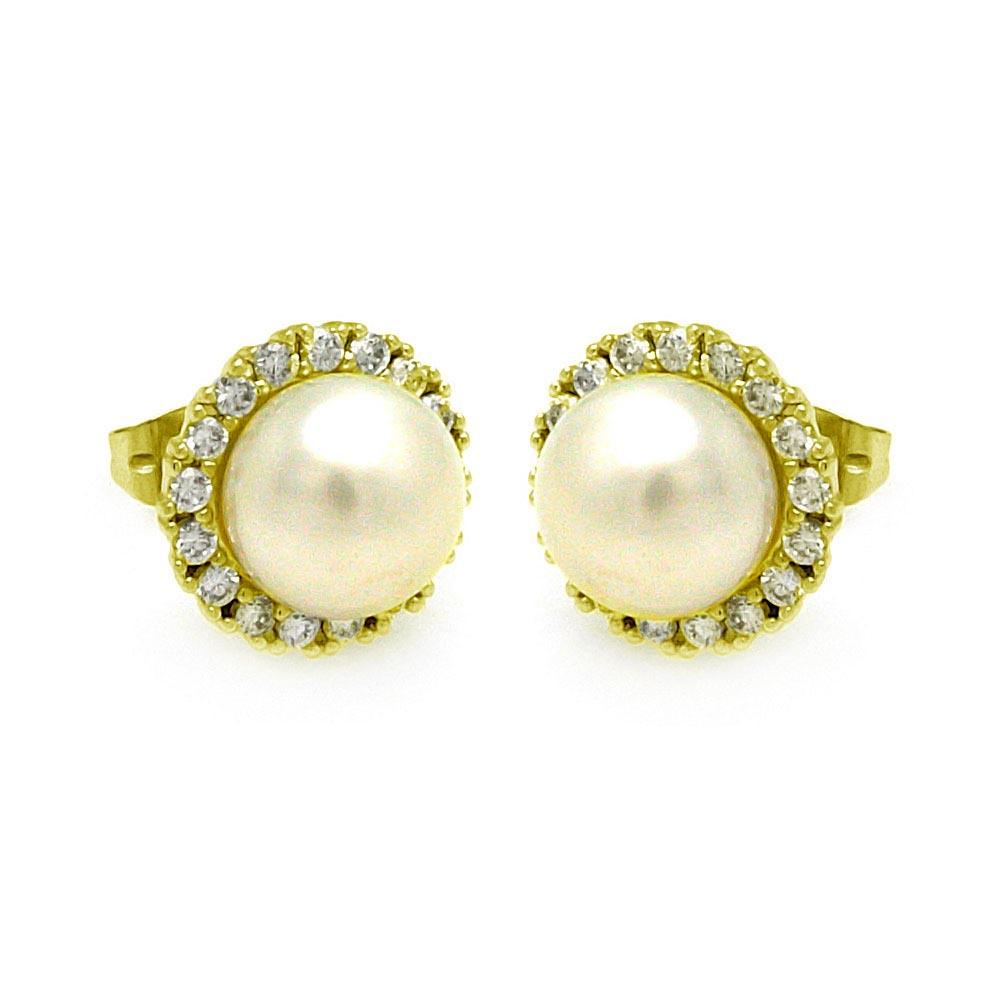 Silver 925 Gold Plated Round CZ Center Fresh Water Pearl Stud Earrings - BGE00253GP | Silver Palace Inc.