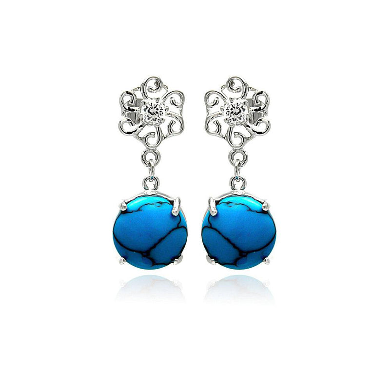 Silver 925 Rhodium Plated Turquoise Clear CZ Flower Dangling Stud Earrings - BGE00260 | Silver Palace Inc.
