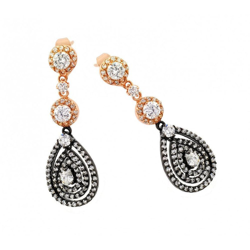 Silver 925 Rose Gold and Black Rhodium Plated Teardrop Round CZ Dangling Stud Earrings - BGE00285 | Silver Palace Inc.