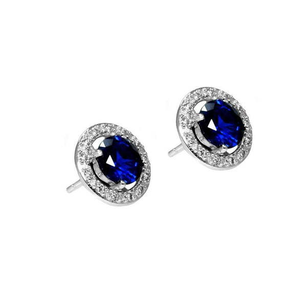 Silver 925 Rhodium Plated Blue and Clear Round Pave CZ Stud Earrings - BGE00333 | Silver Palace Inc.