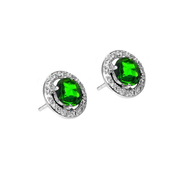 Silver 925 Rhodium Plated Green and Clear Round Pave CZ Stud Earrings - BGE00334 | Silver Palace Inc.