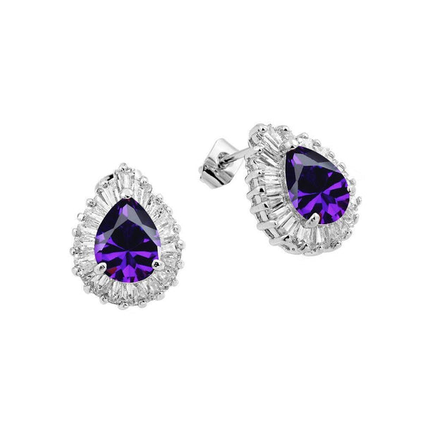 Silver 925 Rhodium Plated Teardrop Purple Baguette Clear CZ Stud Earrings - BGE00336 | Silver Palace Inc.