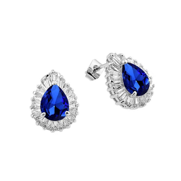 Silver 925 Rhodium Plated Clear and Blue Teardrop Baguette CZ Stud Earrings - BGE00337 | Silver Palace Inc.