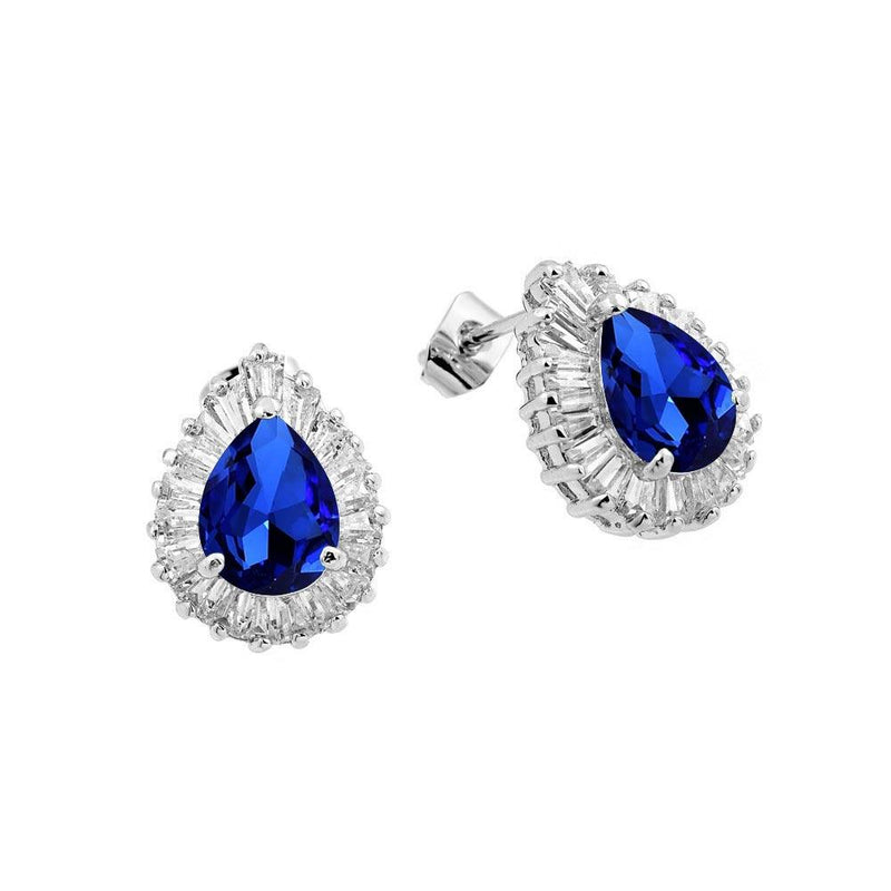 Silver 925 Rhodium Plated Clear and Blue Teardrop Baguette CZ Stud Earrings - BGE00337 | Silver Palace Inc.