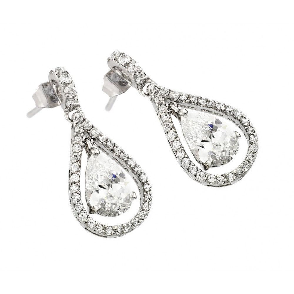 Silver 925 Rhodium Plated Channel Teardrop CZ Dangling Stud Earrings - BGE00366C | Silver Palace Inc.