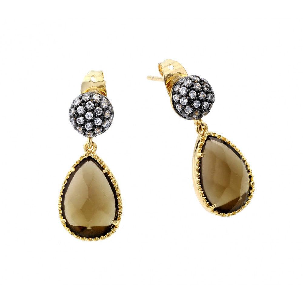Silver 925 Gold Rhodium Plated Teardrop Champagne Round Cluster Clear CZ Dangling Hook Earrings - BGE00382 | Silver Palace Inc.