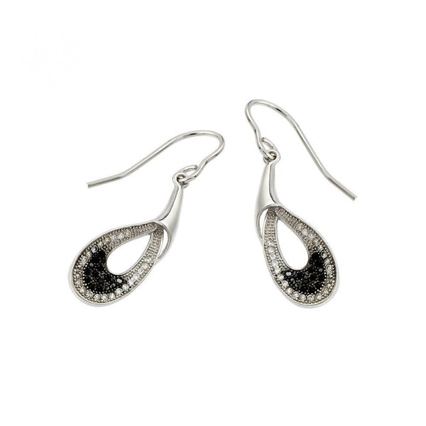 Silver 925 Black and Silver Rhodium Plated Round Open Teardrop CZ Dangling Hook Earrings - BGE00384 | Silver Palace Inc.