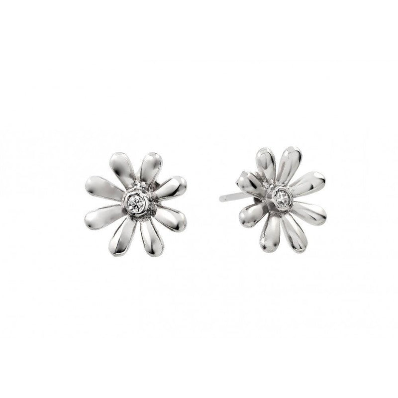 Silver 925 Rhodium Plated Flower CZ Stud Earrings - BGE00396 | Silver Palace Inc.