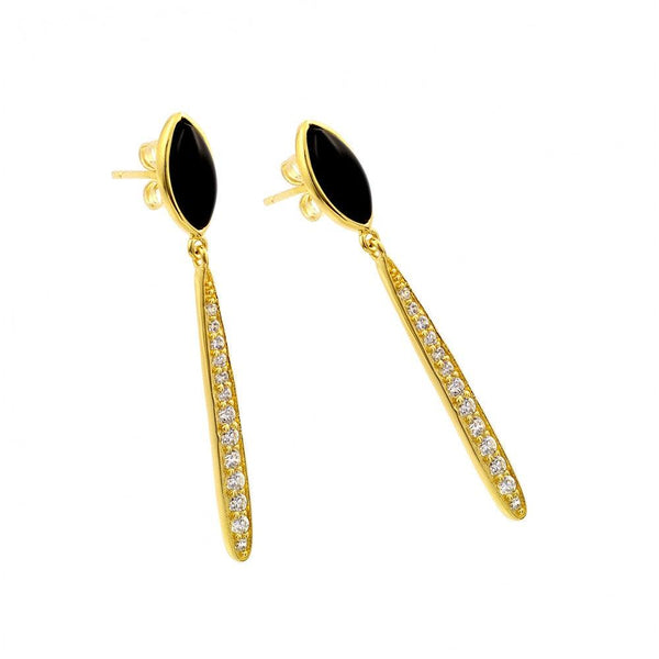 Silver 925 Gold Plated Black Marquise Stretched Oval CZ Dangling Stud Earrings - BGE00400 | Silver Palace Inc.