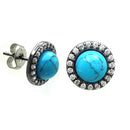 Silver 925 Black Rhodium Plated Round Clear CZ Turquoise Center Stud Earrings - BGE00408 | Silver Palace Inc.