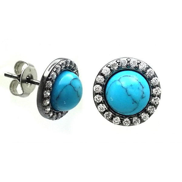 Silver 925 Black Rhodium Plated Round Clear CZ Turquoise Center Stud Earrings - BGE00408 | Silver Palace Inc.