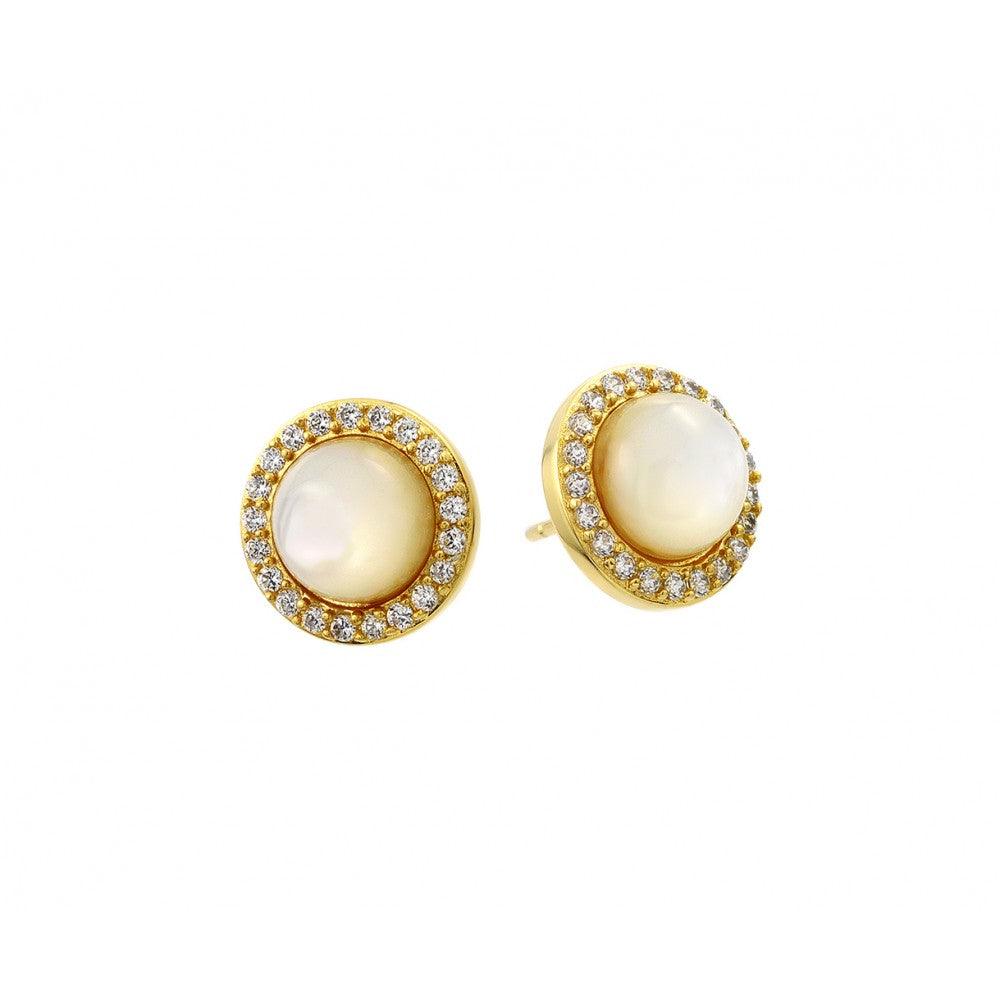 Silver 925 Gold Plated Round CZ Outline Center Pearl Stud Earrings - BGE00410GP | Silver Palace Inc.