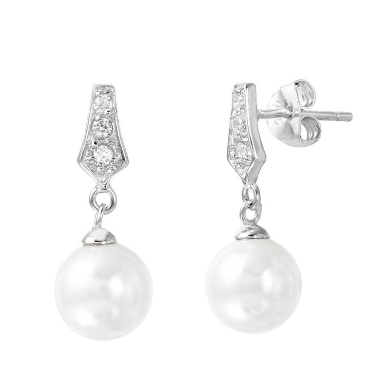 Silver 925 Rhodium Plated CZ Dangling Pearl Post Earrings - BGE00420 | Silver Palace Inc.