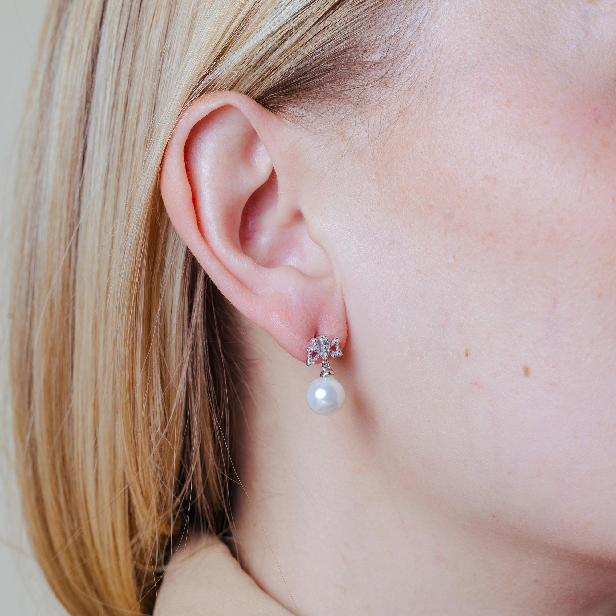 Silver 925 Rhodium Plated Ribbon CZ Hanging Pearl Stud Earrings
