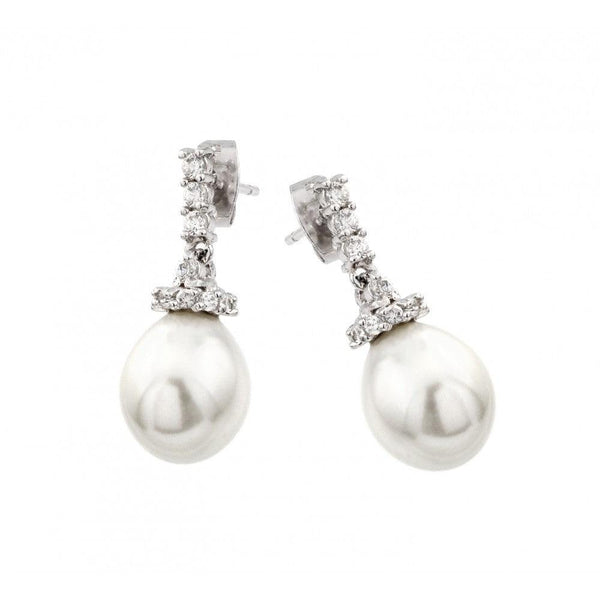 Silver 925 Rhodium Plated CZ Hanging Pearl Stud Earrings - BGE00423 | Silver Palace Inc.