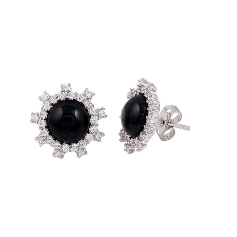 Silver 925 Rhodium Plated Black Flower Stud Earrings with CZ - BGE00428 | Silver Palace Inc.