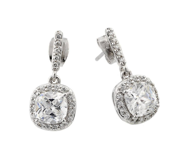 Silver 925 Rhodium Plated Hanging Square Halo CZ Earrings - BGE00430 | Silver Palace Inc.