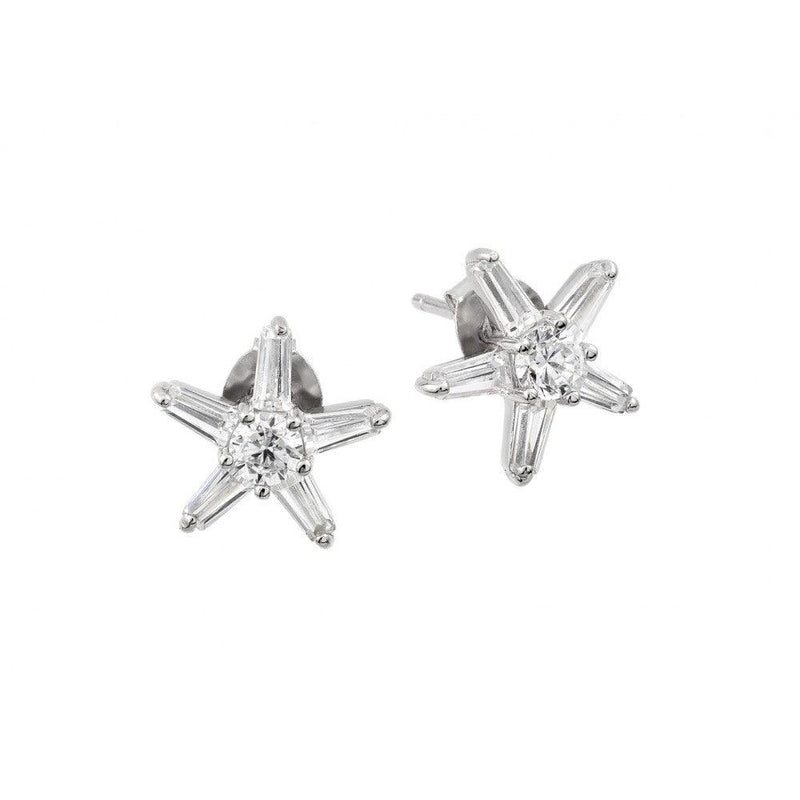 Silver 925 Rhodium Plated Clear Round and Baguette CZ Star Earrings - BGE00431 | Silver Palace Inc.