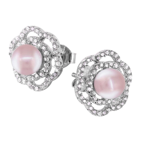 Silver 925 Rhodium Plated Flower Fresh Water Pearl Earrings - BGE00439 | Silver Palace Inc.