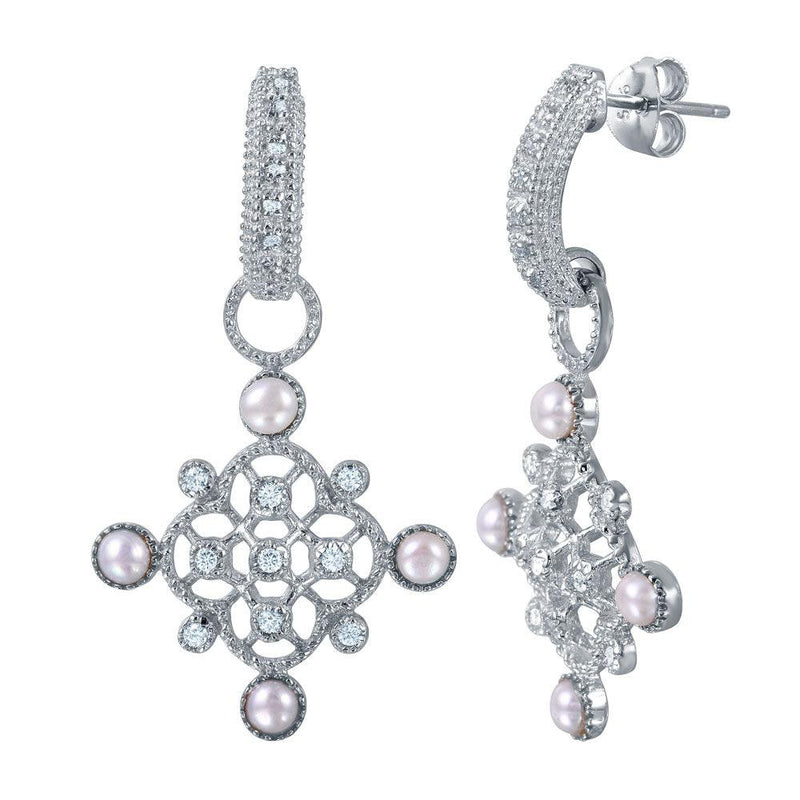 Silver 925 Rhodium Plated Ornate CZ Dangling Earrings With Synthetic Pearl Accents - BGE00455 | Silver Palace Inc.