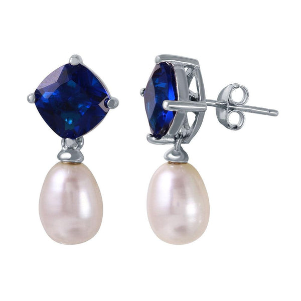 Silver 925 Rhodium Plated Round Blue CZ Dangling Fresh Water Pearl Earrings - BGE00448BLU | Silver Palace Inc.