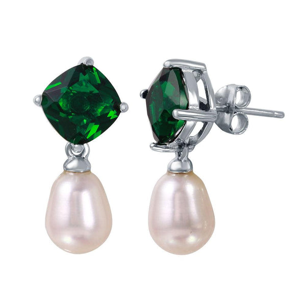 Silver 925 Rhodium Plated Round Green CZ Dangling Fresh Water Pearl Earrings - BGE00448GRN | Silver Palace Inc.