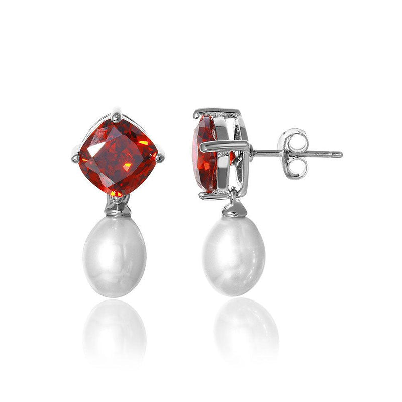 Silver 925 Rhodium Plated Round Red CZ Dangling Fresh Water Pearl Earrings - BGE00448RED | Silver Palace Inc.